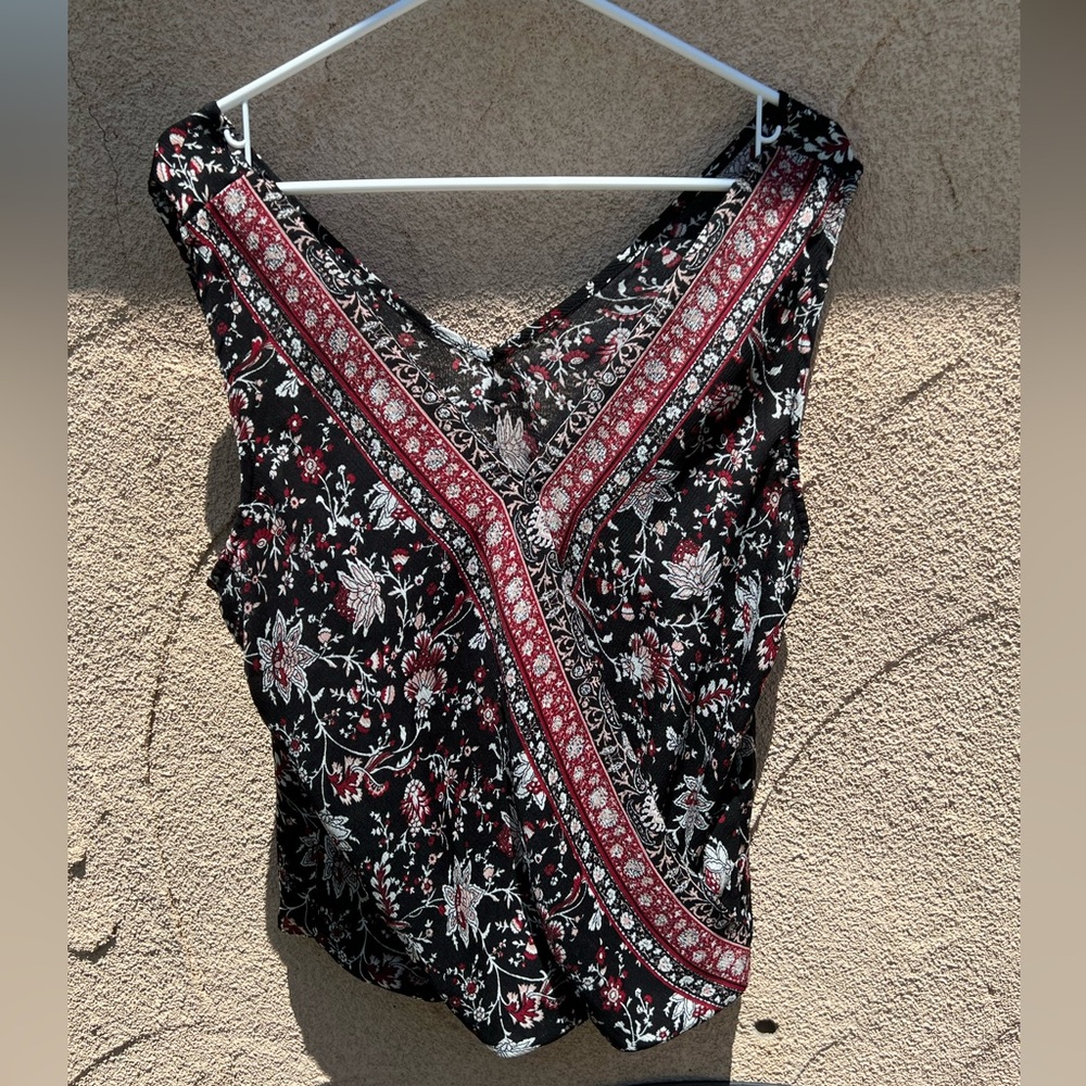 BCX Black and White Sleeveless Wrap Blouse